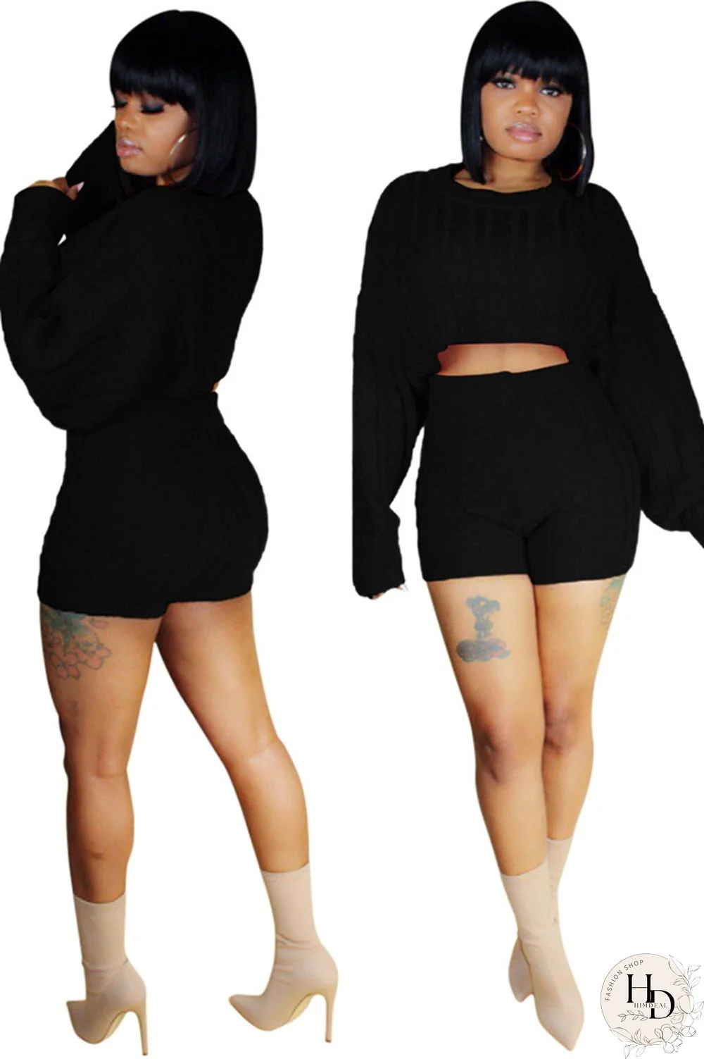 Orange Wool Europe and America Solid Two Piece Suits pencil Long Sleeve Two-Piece Short Set