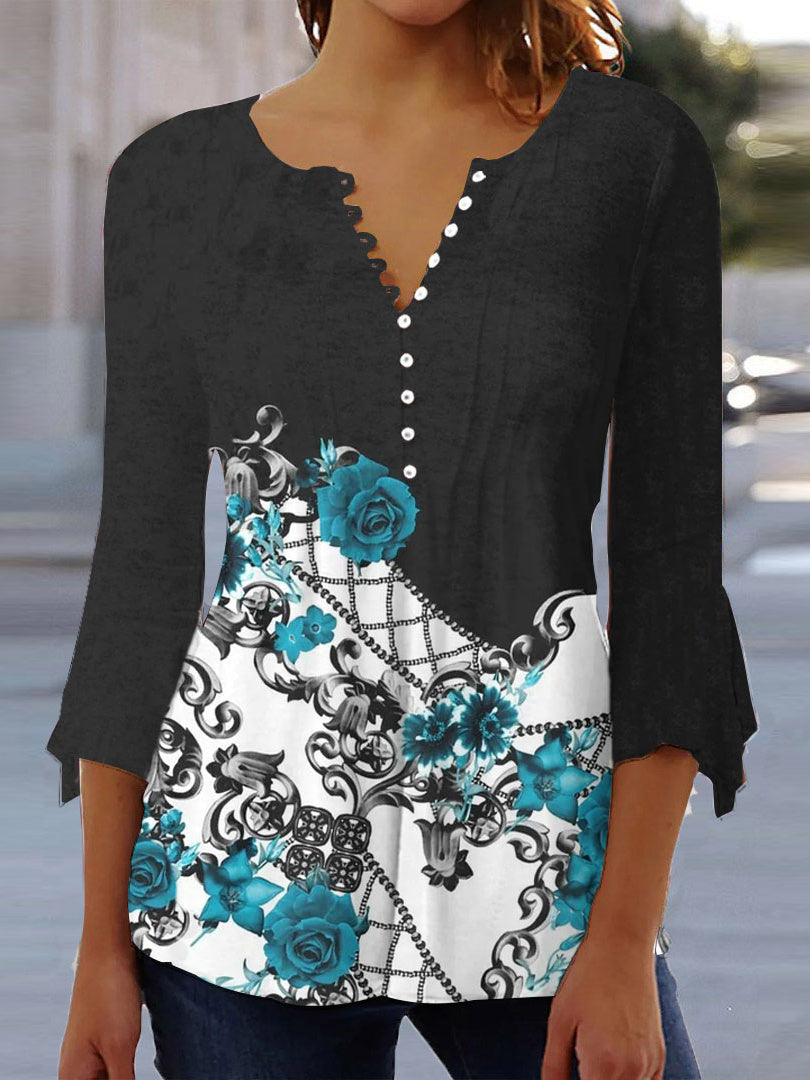 Women Long Sleeve V-neck Graphic Floral Printed Top