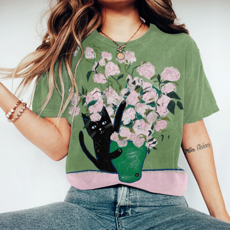 Comstylish Oil Painting Flower Cat Print Round Neck Short Sleeve T-Shirt