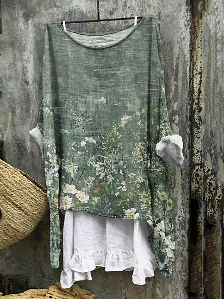 Comstylish Vintage Floral Art Cotton Linen V Neck Casual Shirt