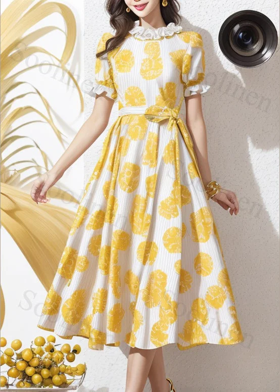 Loose Yellow Ruffled Print Lace Up Silk Dress Summer