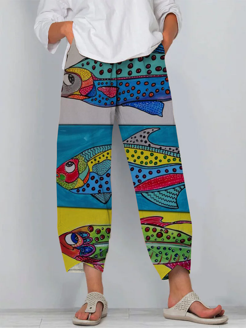 Vintage Colored Sardines Art Casual Cropped Pants