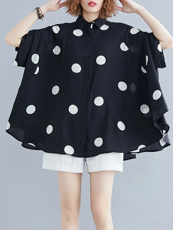 Buttoned Polka-Dot Batwing Sleeves Half Sleeves Lapel Blouses&Shirts Tops