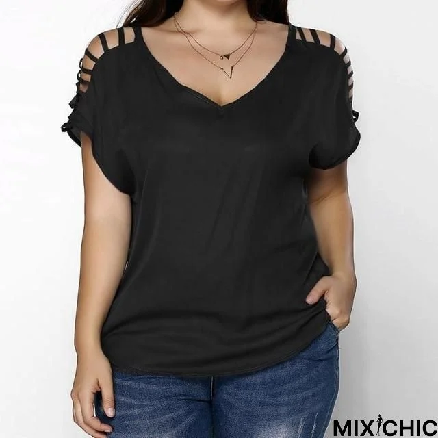 Plus Size Hollow Out Tunic Blouse Shirt Women Summer Causal Elastic Short Sleeves Blouse