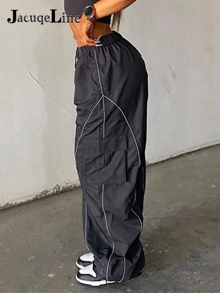 Jacuqeline 2022 Loose Wide Leg Baggy Pants Women Hippie Casual Streetwear Low Waist Cargo Trousers Contrast Stitching Sweatpants