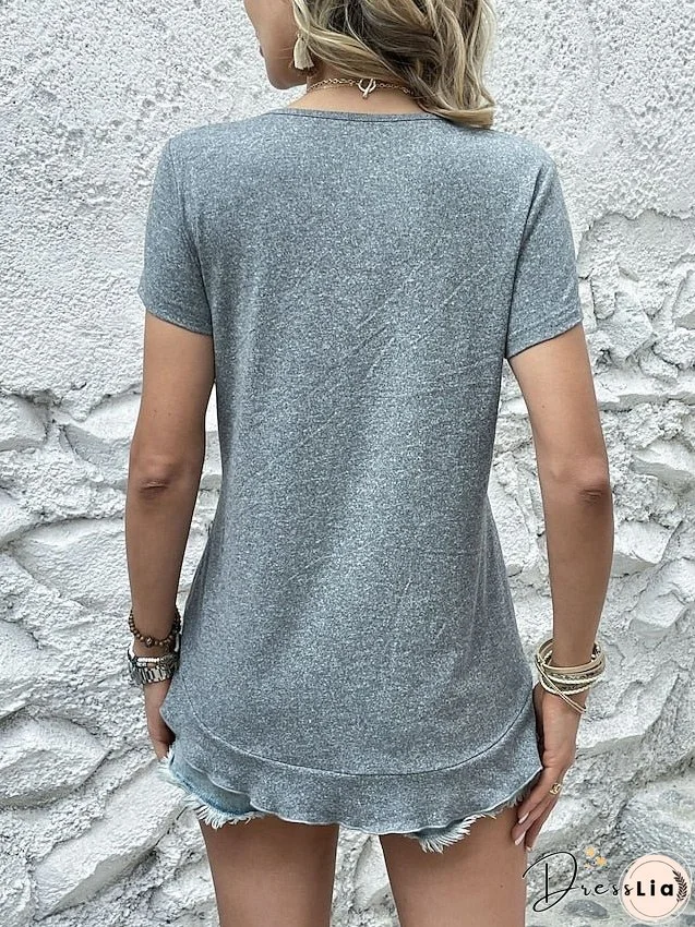 T shirt Tee Black Blue Green Plain Ruffle Short Sleeve Daily Weekend Basic Round Neck Regular S for Women