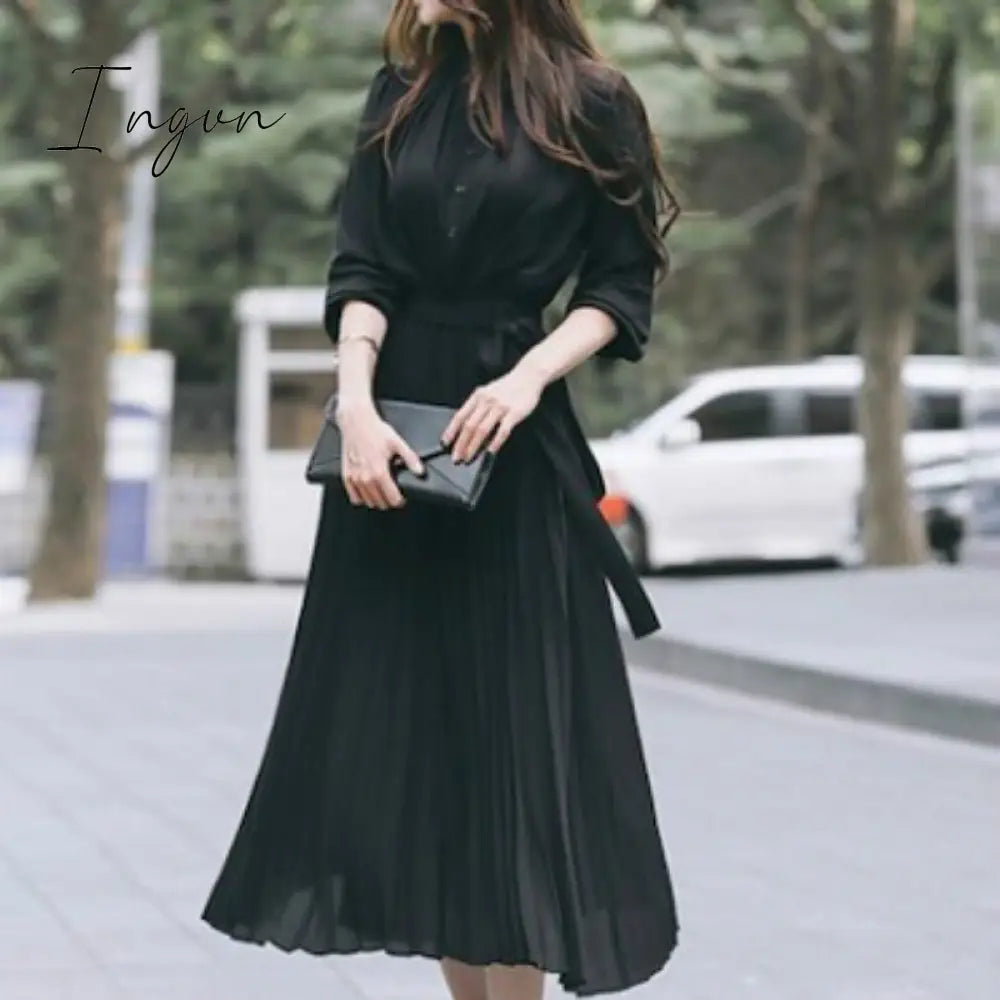 Ingvn - Women’s Dress Spring Pleated Fashion New Plaid Slim High Wasit Long Temperament Office