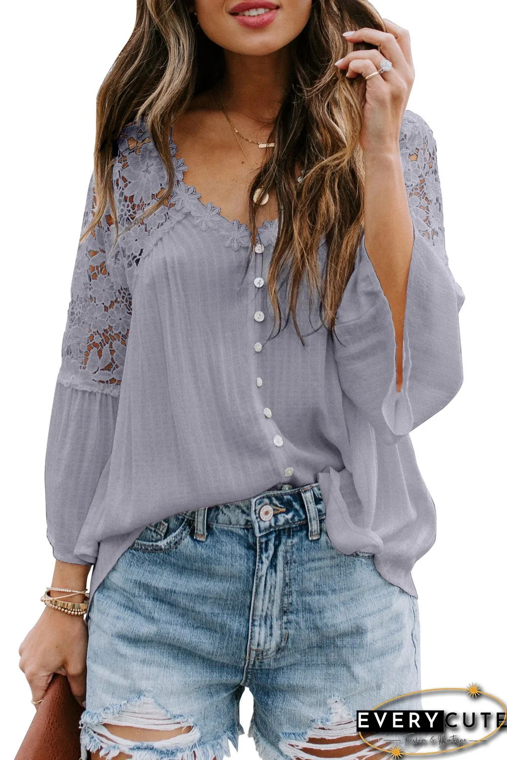 Gray Crochet Lace Button Top