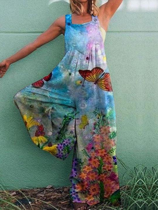 Retro flower print casual jumpsuit