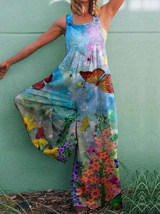 Retro flower print casual jumpsuit