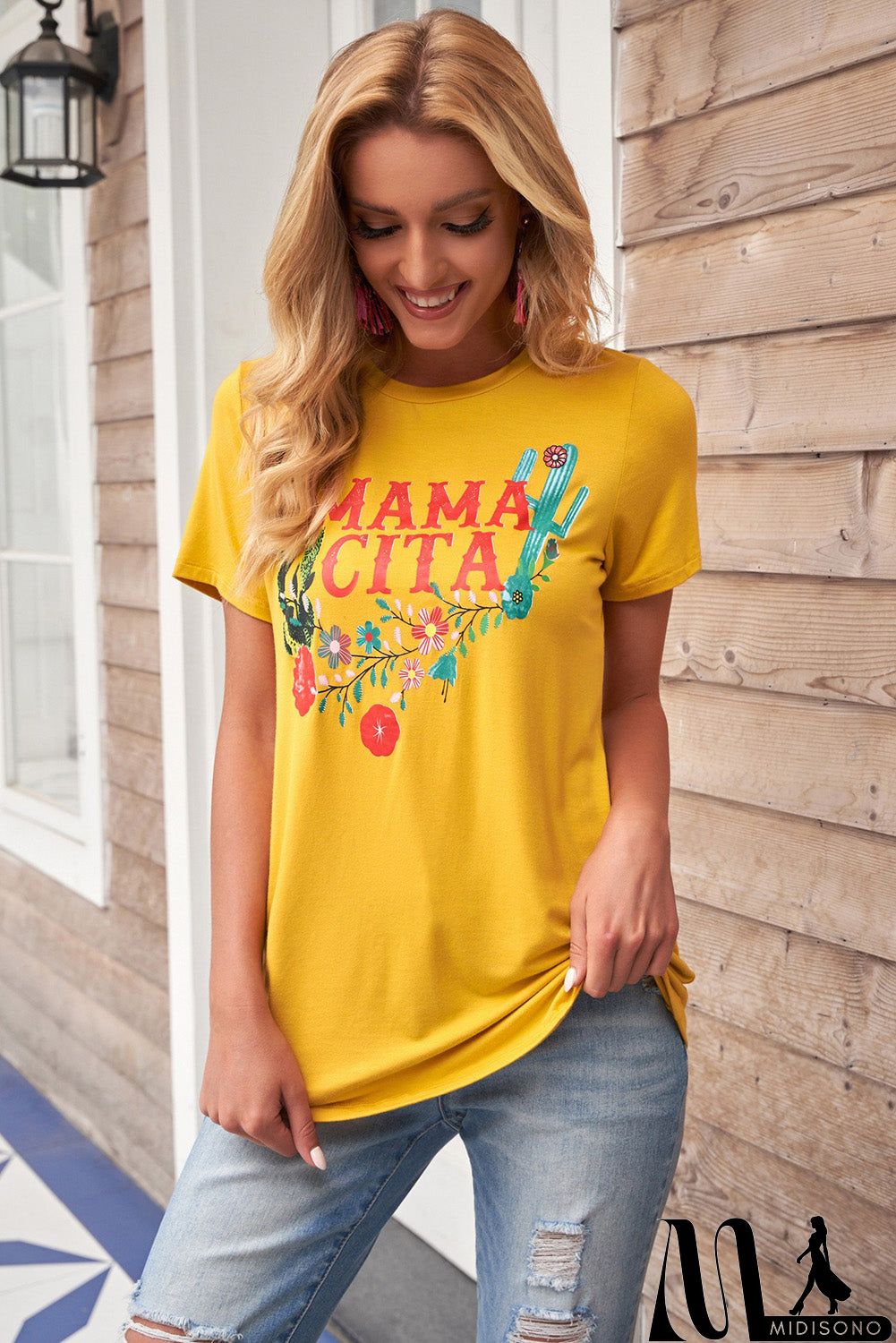 MidiSono - Women Yellow Mamacita with Cactus Casual Short Sleeve Tee