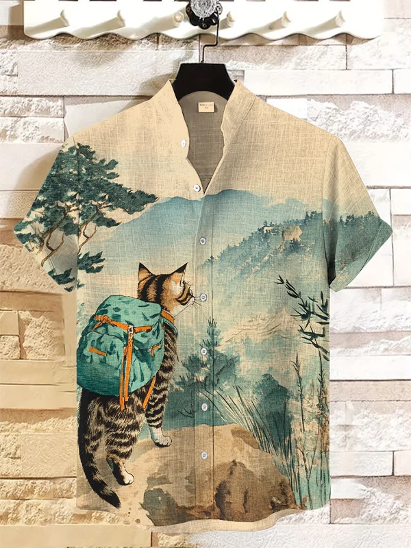 Men's Hiking Cat Discovers Beautiful Scenery Art Print Casual Shirt