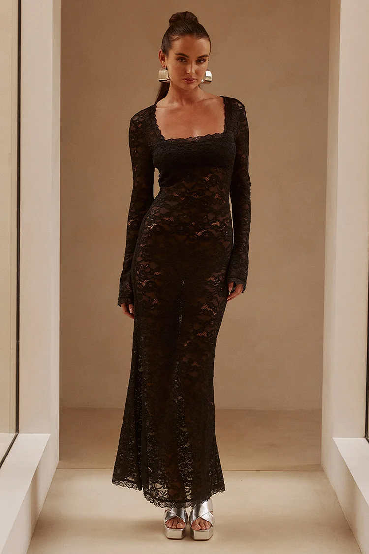 Elegant Party Lace Square Neck Long Sleeve Fishtail Maxi Dresses-Black [Pre Order]