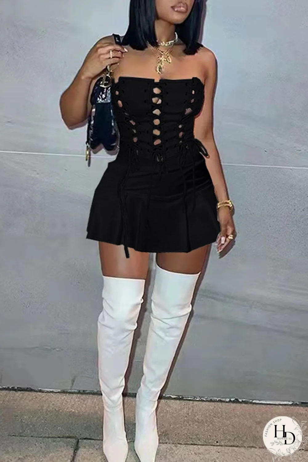 White Fashion Sexy Solid Backless Strap Design Strapless Sleeveless Dress Dresses