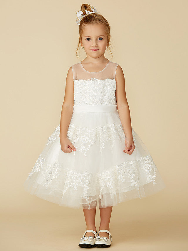 Oknass A-Line Sleeveless Jewel Neck Tea Length Flower Girl Dress Lace  With Lace Sash Ribbon