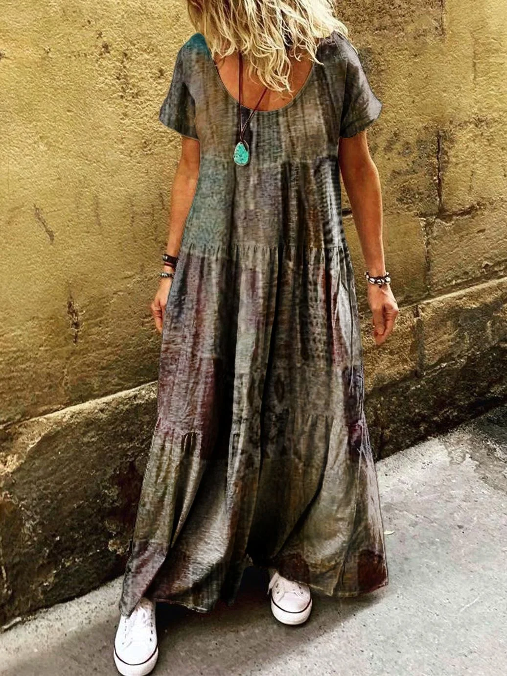 Women's Vintage Patchwork Pattern Art Print Pocket Short Sleeve Cotton Dresses