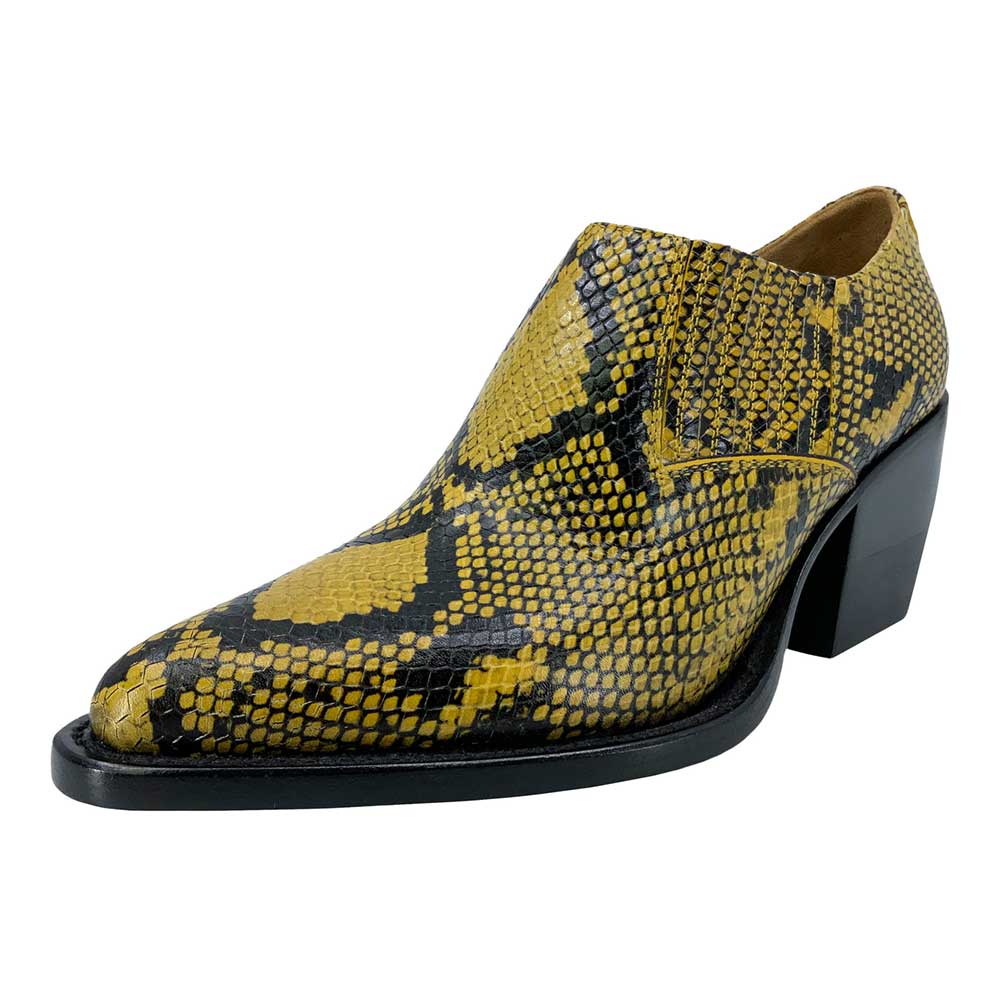 Yellow & Black Snake Embossed Almond Toe Chunky Heeled Ankle Boots Nicepairs