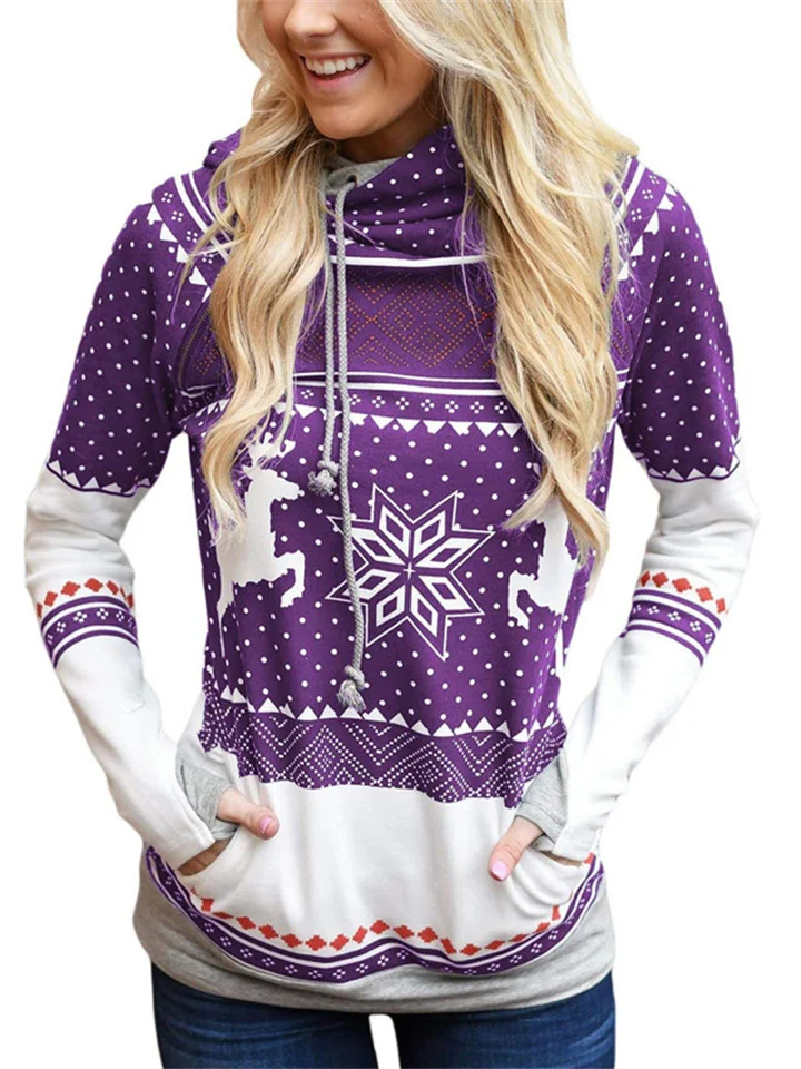 Autumn New Fashion Commuter Women's Burst Christmas Printing Pockets Long-sleeved Hooded Casual Sweater Women