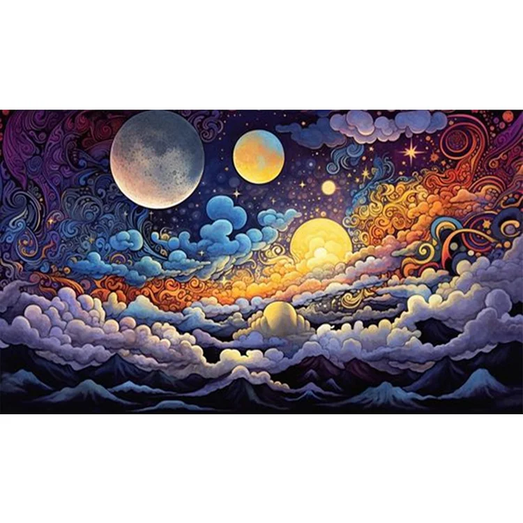 【Huacan Brand】Full Moon Colorful Clouds 18CT Stamped Cross Stitch 50*30CM