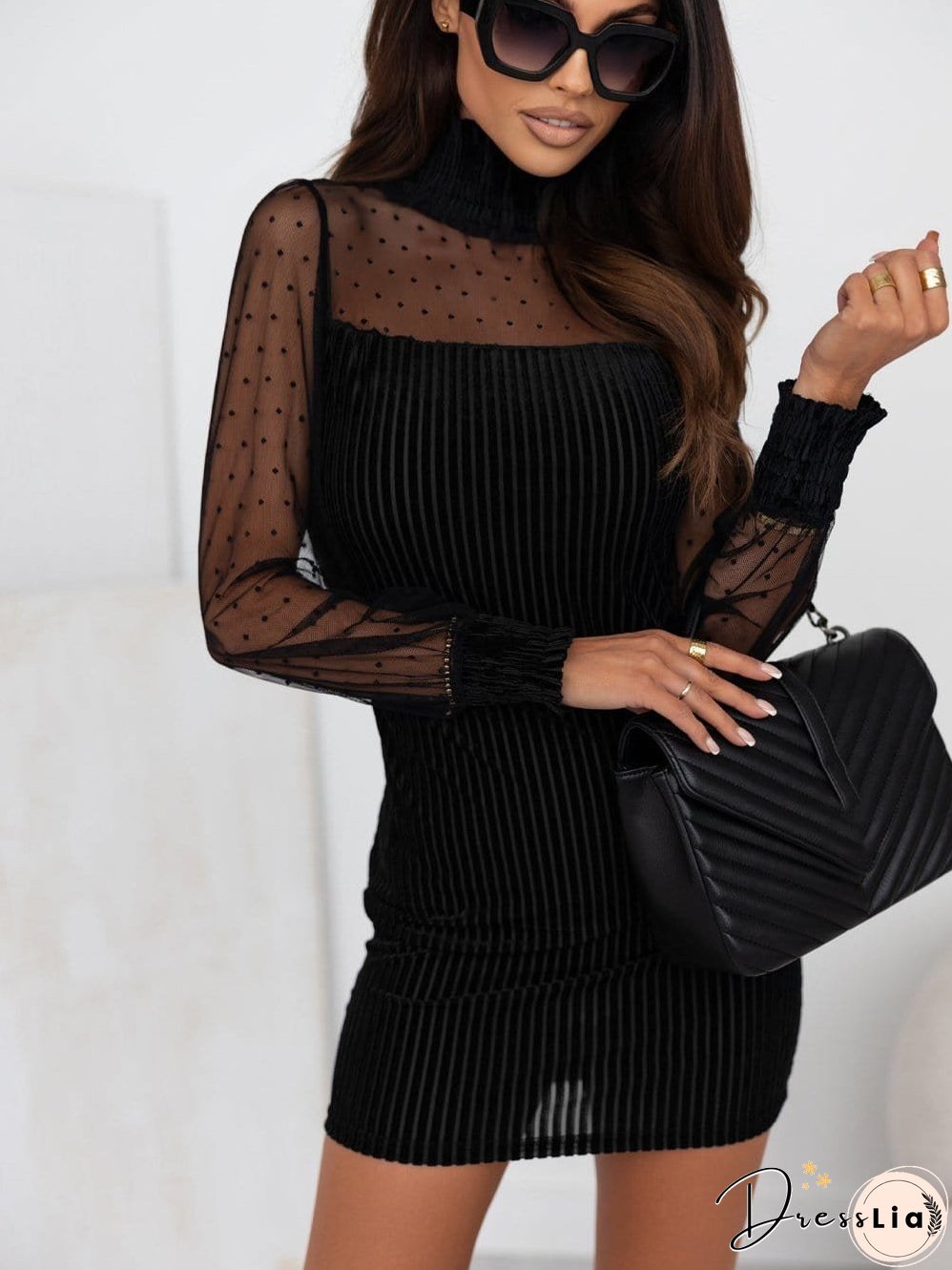 Polka Dot Striped Mesh Frilled Neck Bubble Sleeve Dress
