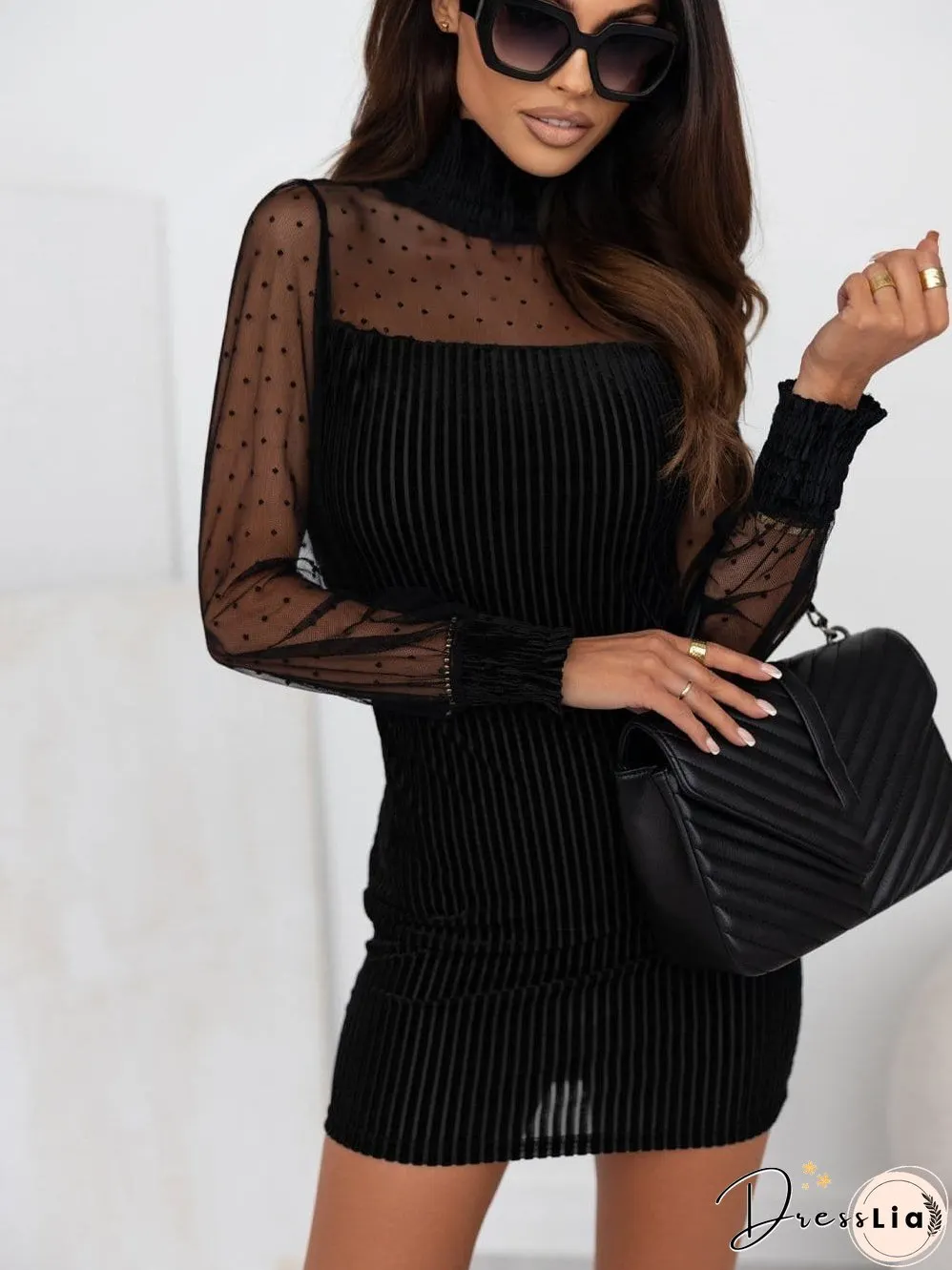 Polka Dot Striped Mesh Frilled Neck Bubble Sleeve Dress