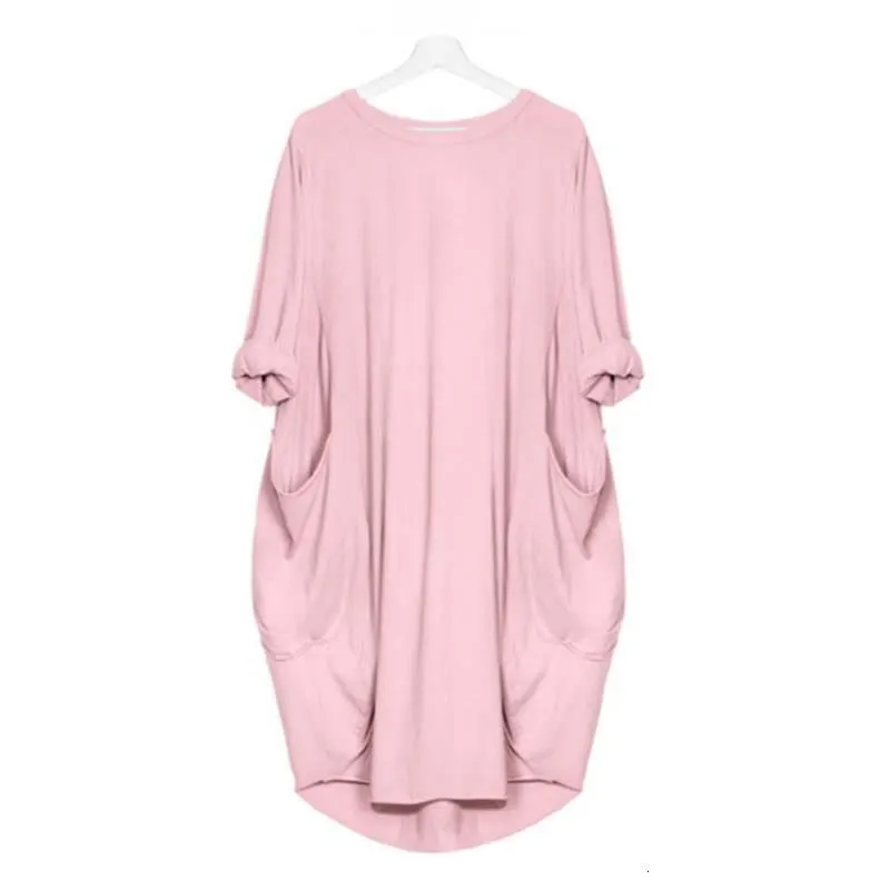 Autumn Solid Color Dress Women 2021 Fahsion Pocket O Neck Long Sleeve Loose Vintage Dresses Female Plus Size Casual Midi Dress