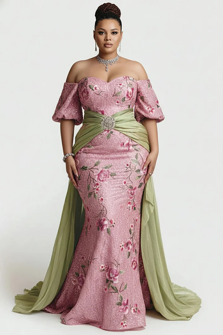 Xpluswear Design Plus Size Formal Organza Pink Floral Off The Shoulder Short Sleeve With&nbsp;Skirt&nbsp;Overlay Satin Maxi Dresses 2024 - Xpluswear