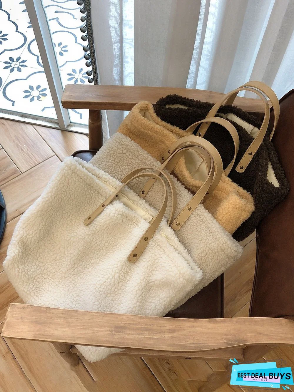 Pure Color Lambswool Large Capacity Handbag