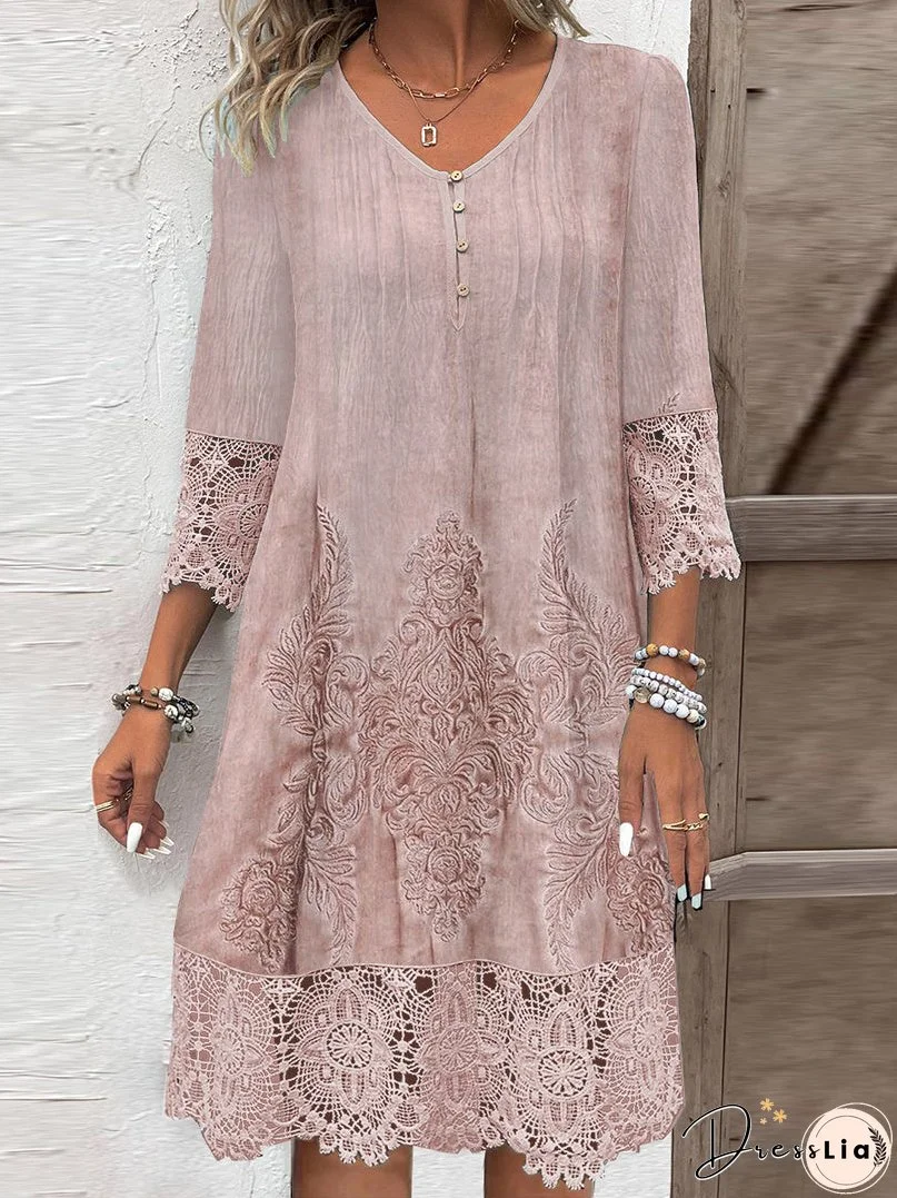 Women's 3/4 Sleeve V-neck Graphic Lace Buttons Midi Dress