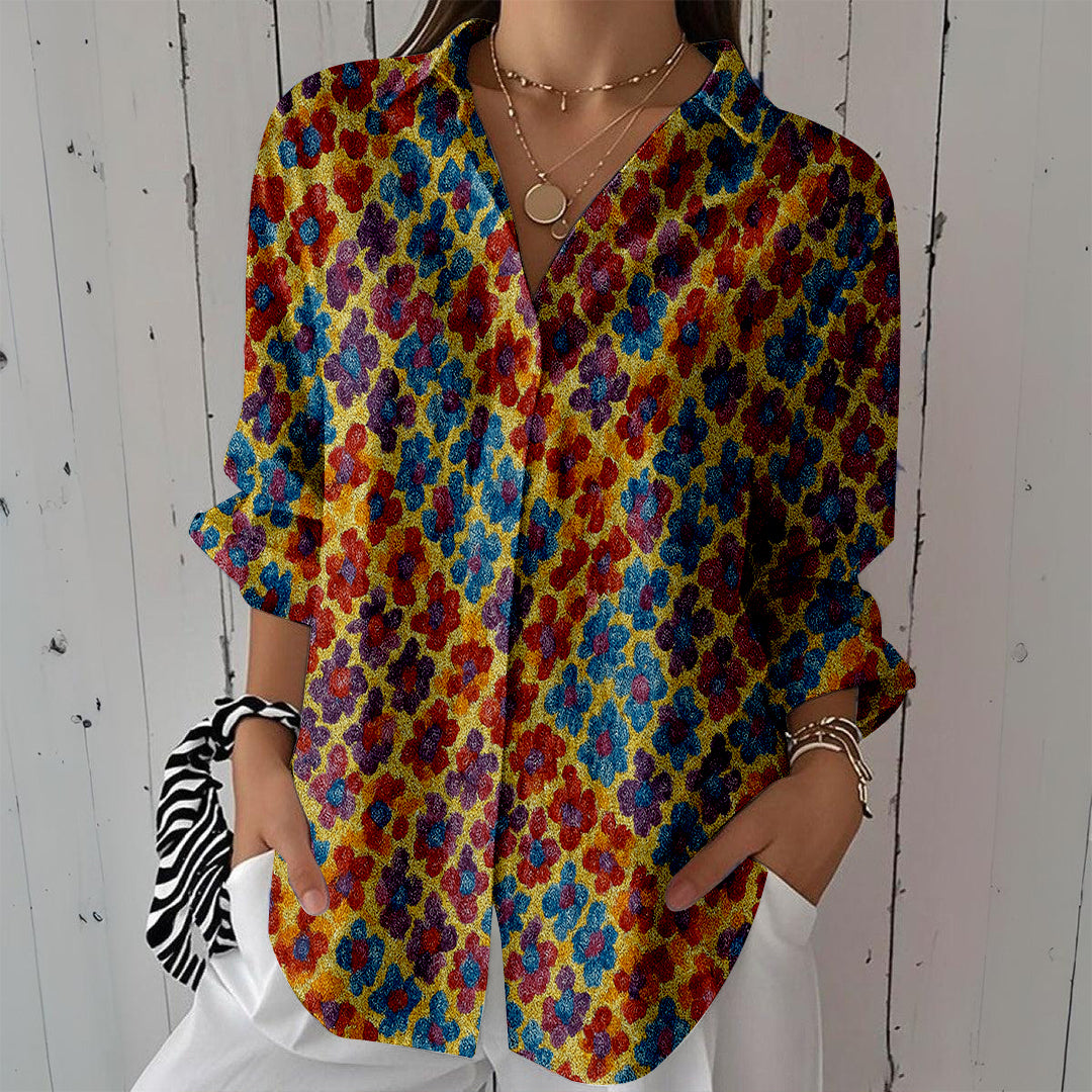 Women Long Sleeve V-neck Graphic Floral Printed Top