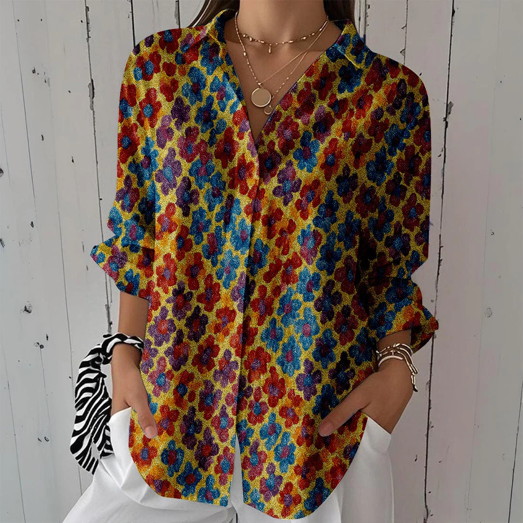 Style & Comfort for Mature Women Women Squares, Orange, Blue DZCL0391 3/4 Sleeve Shirt Collar Printed Button Tops
