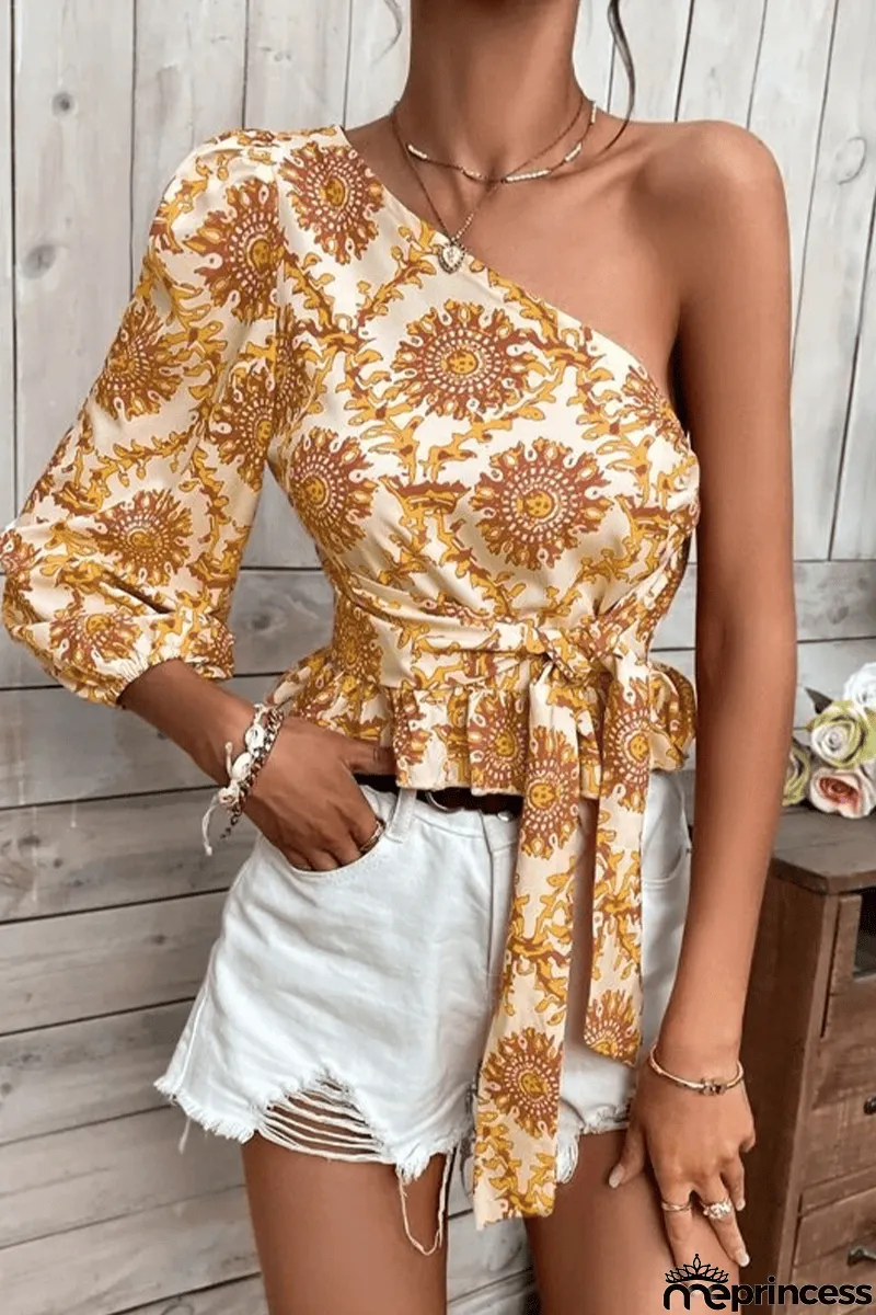 Elegant Vacation Not Positioning Printed Patchwork Oblique Collar Tops