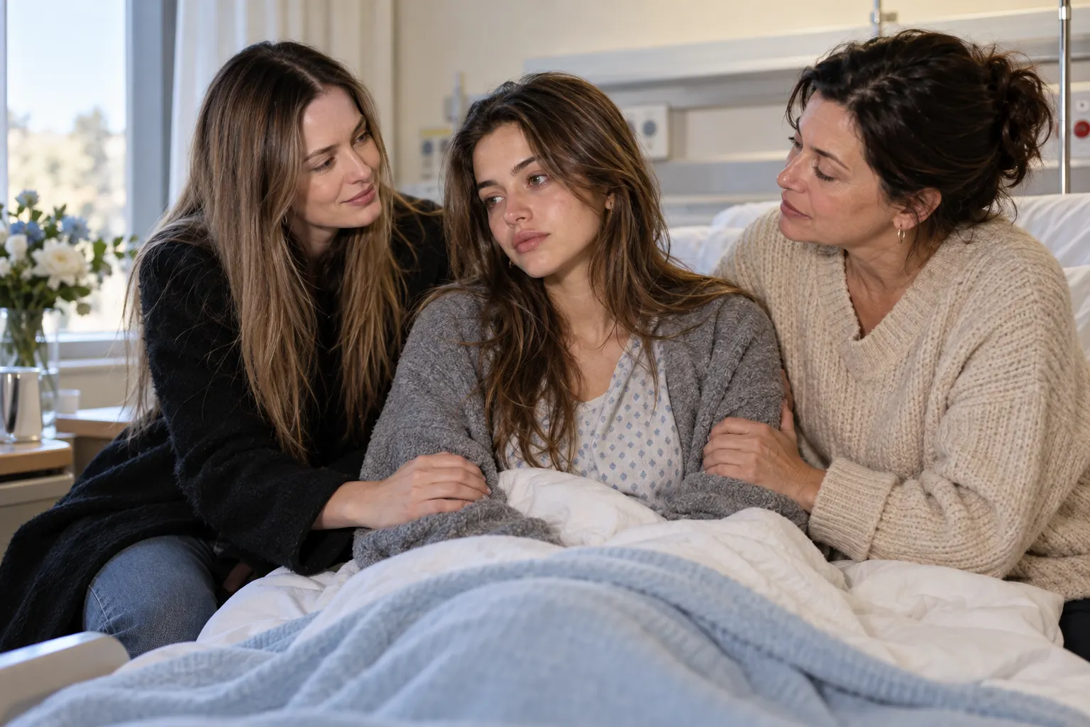 Woman recovering in hospital while her friend and older family member visit