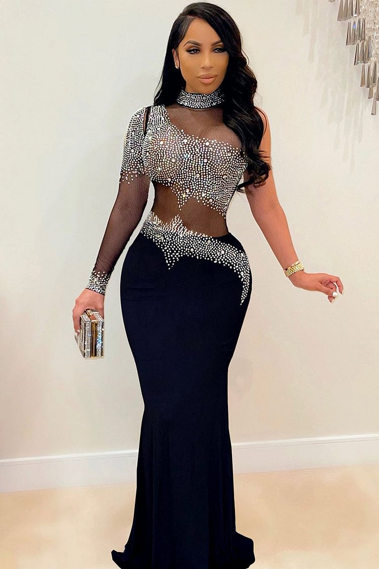 One Sleeve Sheer Mesh Party Maxi Dress