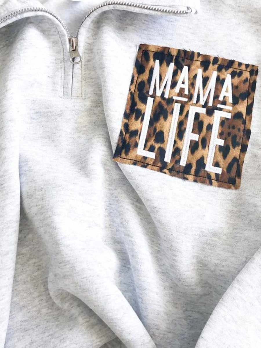Leopard MAMA LIFE Zipper Neck Sweatshirt