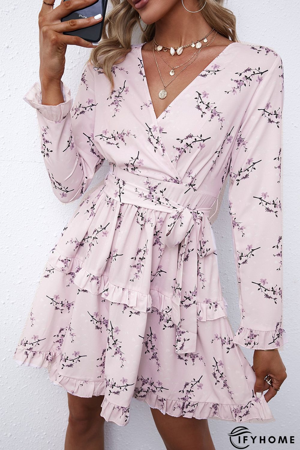 Pink Floral Print Ruffle Hemline Wrap Mini Dress | IFYHOME