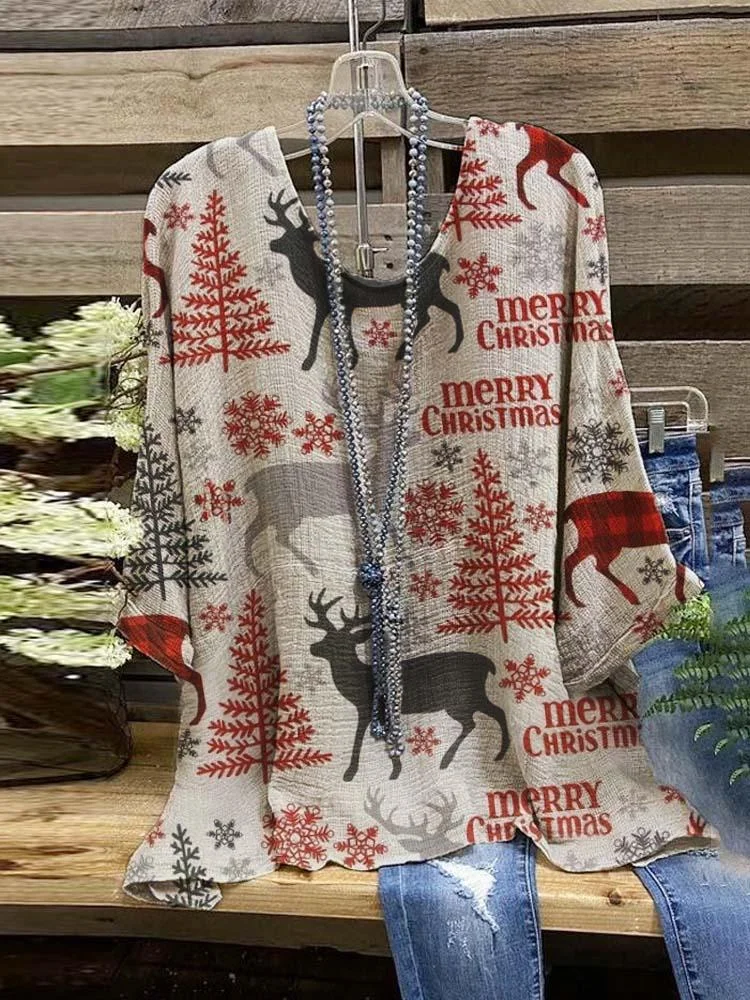 Women's Merry Christmas Letter Elk Tree Printed Half Sleeved Top