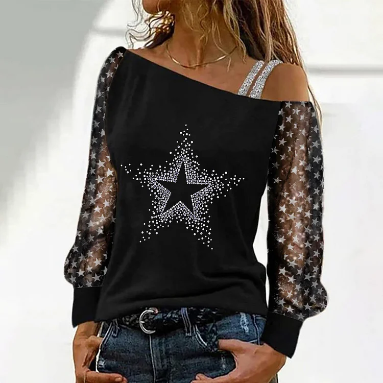 Wearshes Off Shoulder Geometry Printed Long Sleeve T-Shirt