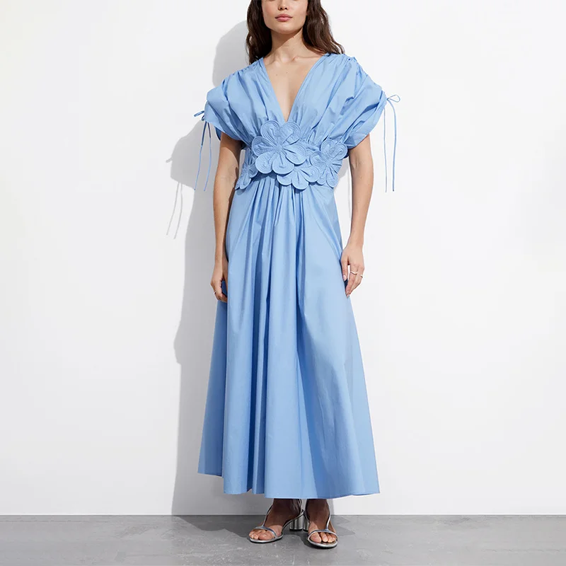 Brownm 2025 Spring New Fashion V-Necked Flower Splicing Design Feel Waist Thin A-Shaped Dress Woman