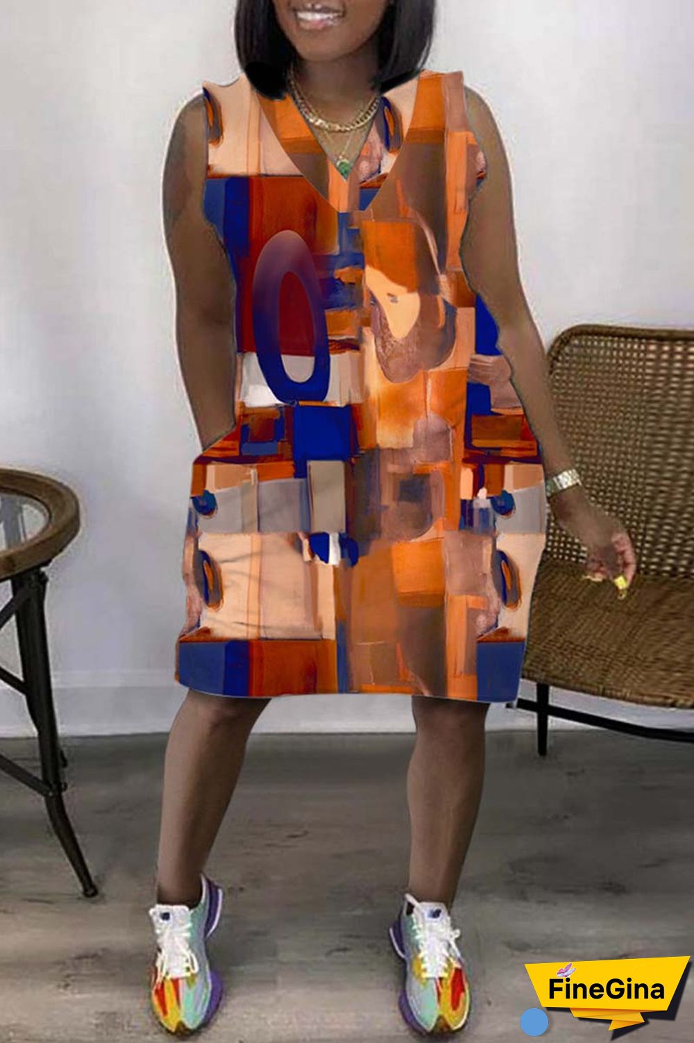 Coffee Casual Print Basic V Neck Sleeveless Dress Dresses