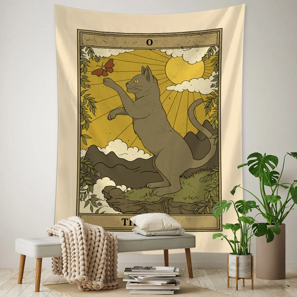 Tarot Card Tapestry Wall Hanging Bohemian Style Cat Mysterious Divination Witchcraft Beach Moon Phases Beautiful Room Decor