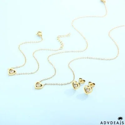 Inlaid Zircon Heart Necklace, Bracelet and Stud Earrings Jewelry Set