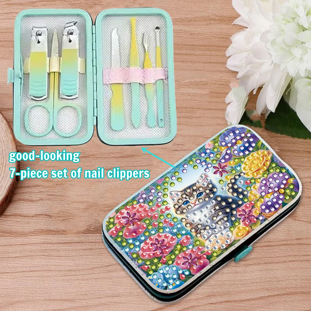 Cat Flower Diamond Painting Nail Art Bag Set Includes 7 Professional Tools