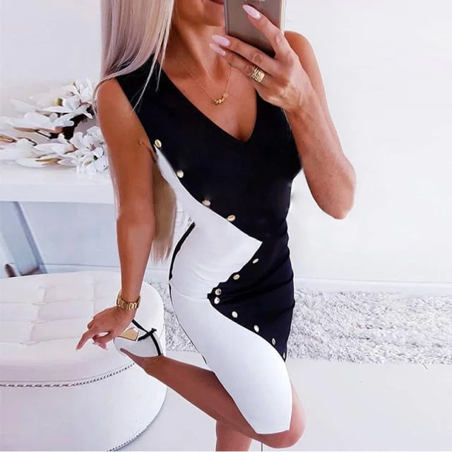 Black White 2021 Casual Slim Office Dresses