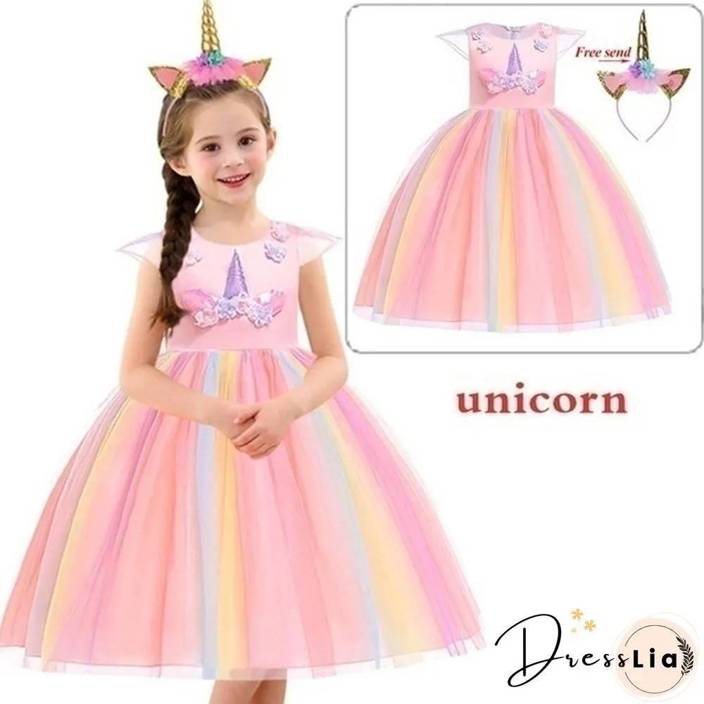 Summer Kids Girl Layered Tulle Unicorn Outfits Dress Headband for Carnival Halloween