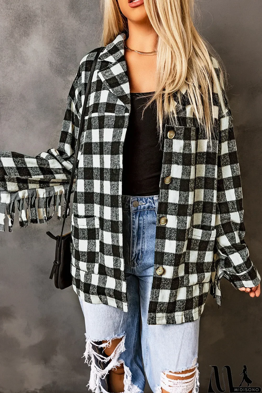 MidiSono - Black Fringed Plaid Print Shacket