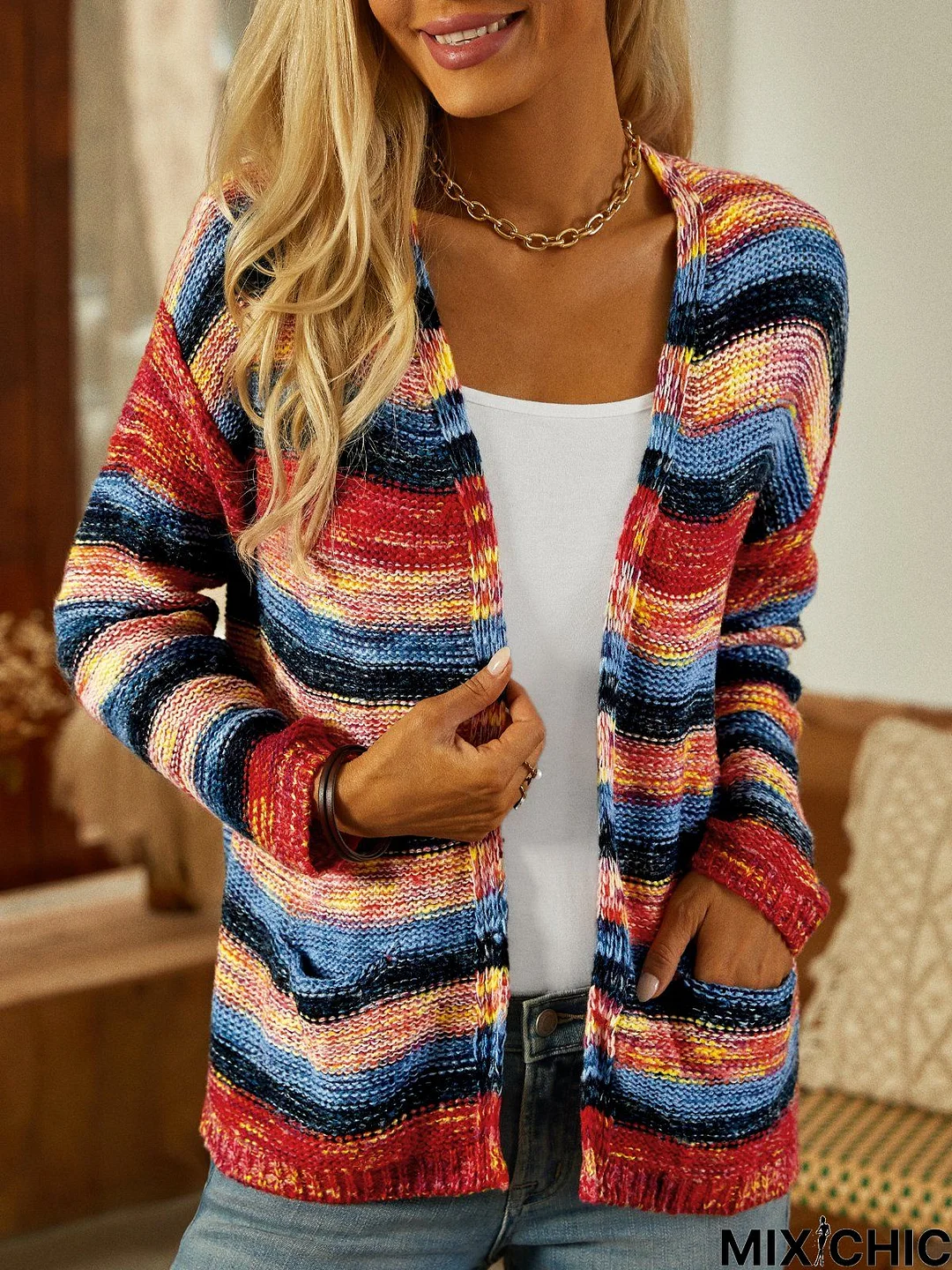 Casual Long Sleeve Striped Sweater coat