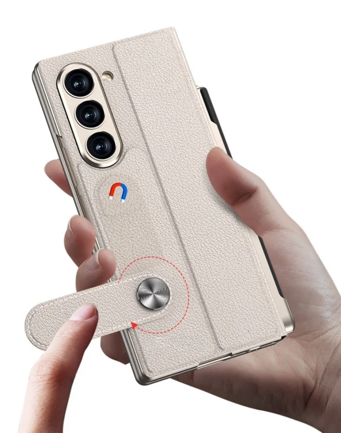 Samsung Z fold6 mobile phone case plain leather bracket folding screen anti-fall flip cover leather case shell film integrated pen slot