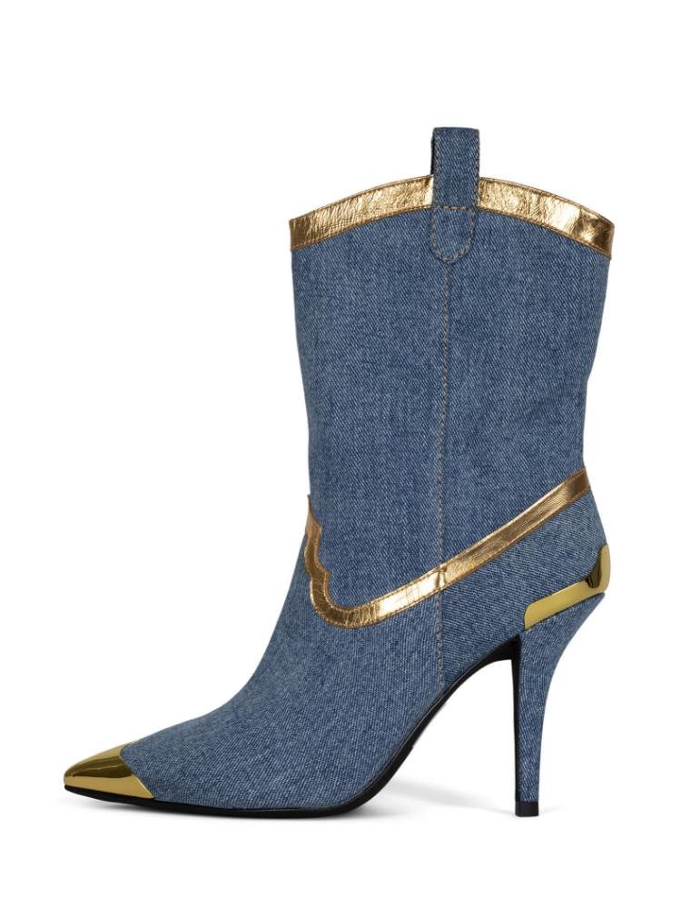 Fashion Gold-Toe Denim Metal Bright Mid Top Pointed-Toe Mid Heeled Booties