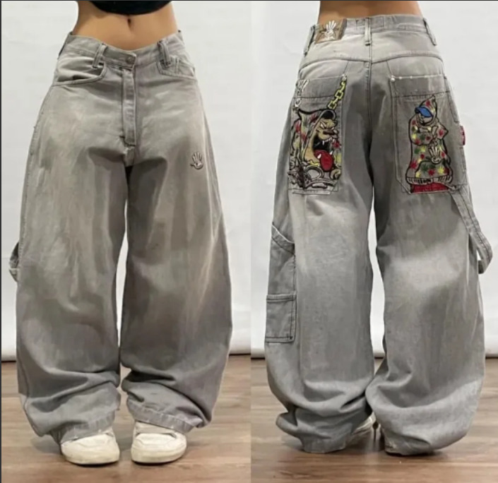 Proslotss Gothic geometric cross graphic design y2k high-waisted jeans for men clothing 2000s vintage hip-hop street popular baggy pants